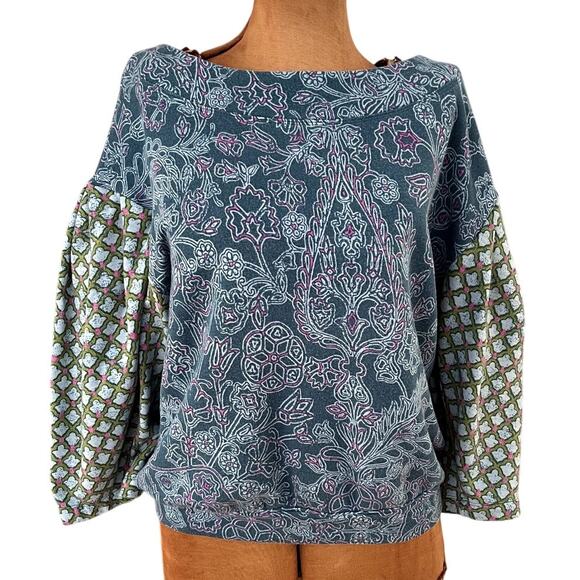 Daily Practice Sz S Puff Sleeve Sweatshirt Green Crewneck Boho Boxy Casual Comfy - Picture 4 of 14
